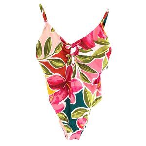 Beach Betty by Miracle Brands One Piece Swimsuit Keyhole Floral Pink Yellow L